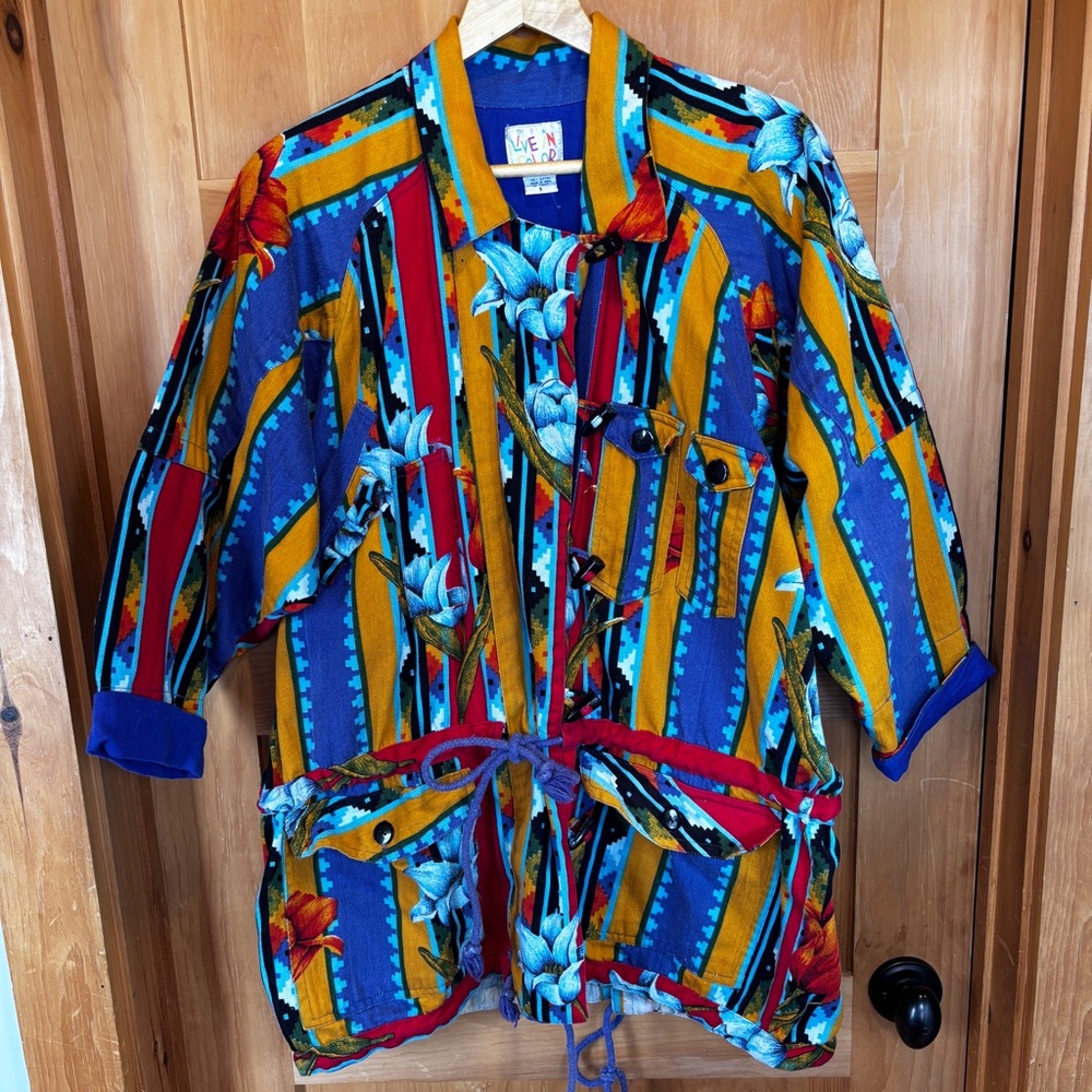 Vintage 90s Live In Color Striped Floral Jacket - oversize Small